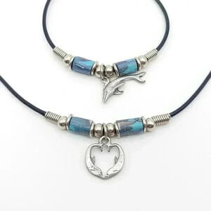 Dolphin necklace & bracelet set, on black leather cord with blue artesanal beads